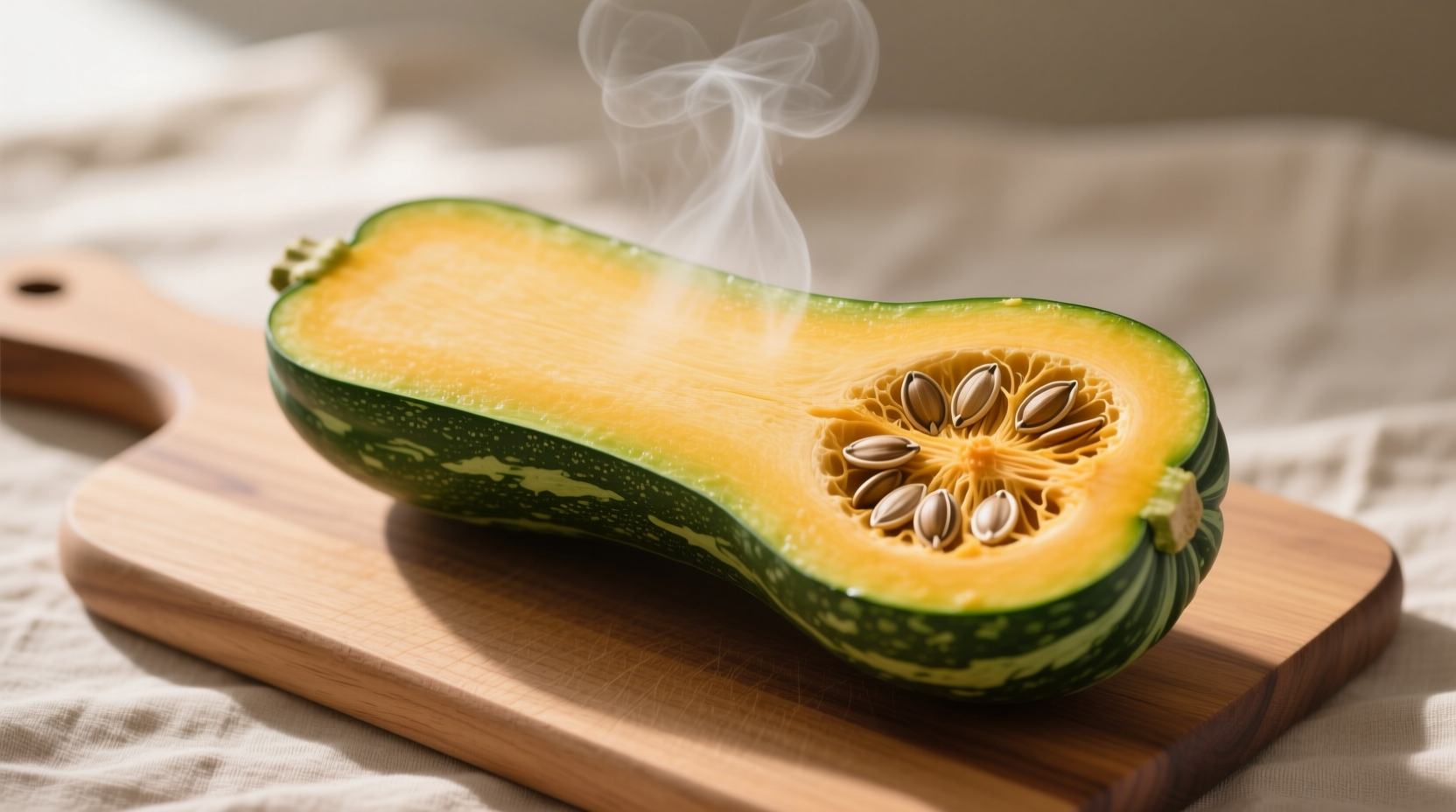 Fall squash prep season - acorn squash with flat base cut for safe slicing - distinguishes from unstable whole squash - essential for home cooks avoiding knife injuries