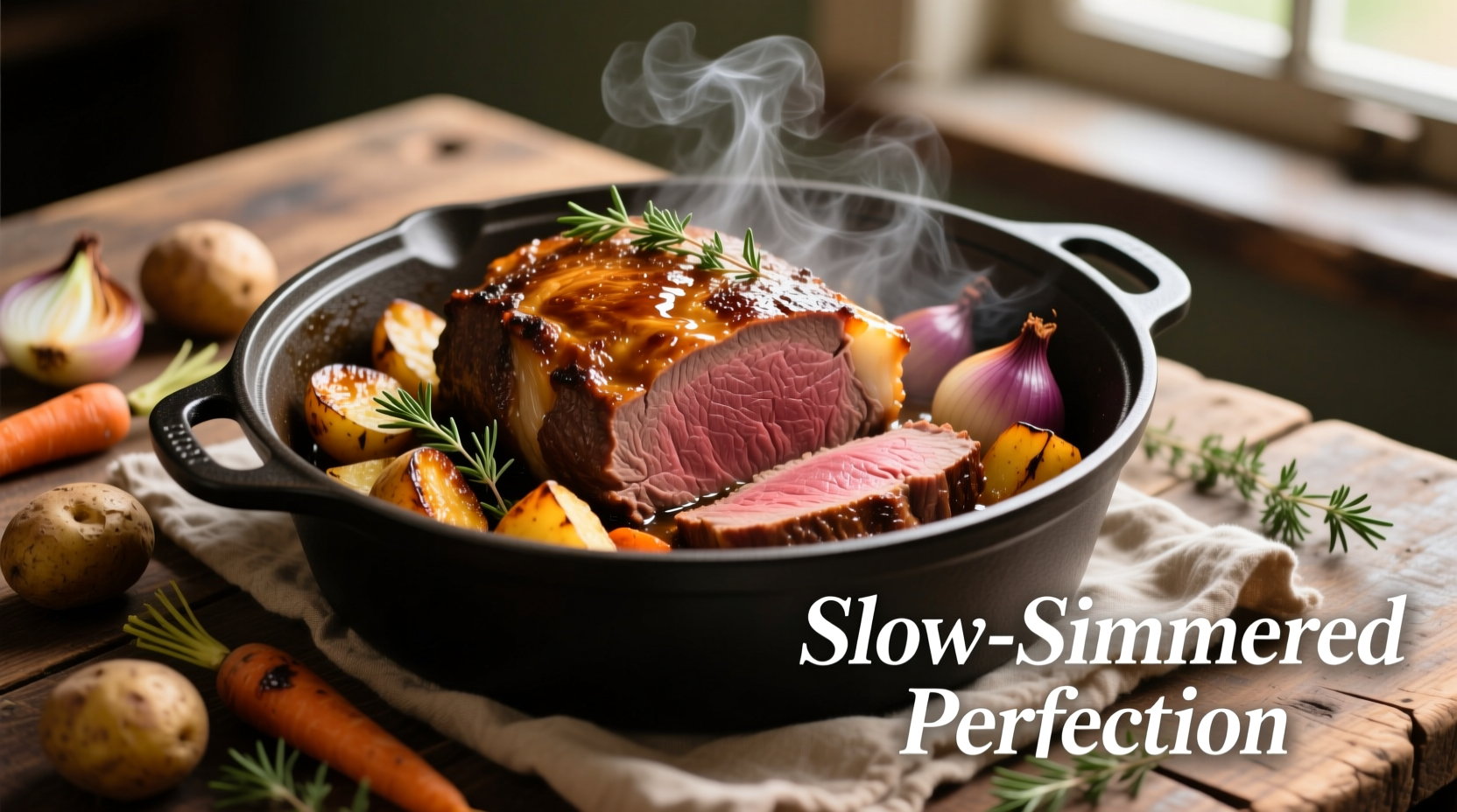 Perfectly cooked beef roast in crock pot with vegetables