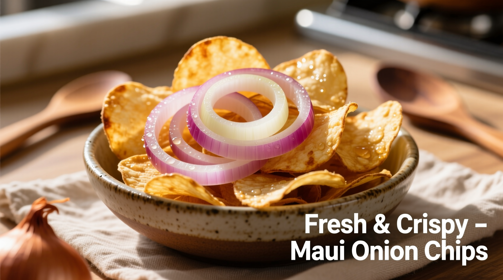 Golden brown Maui onion potato chips in a bowl with fresh Maui onions