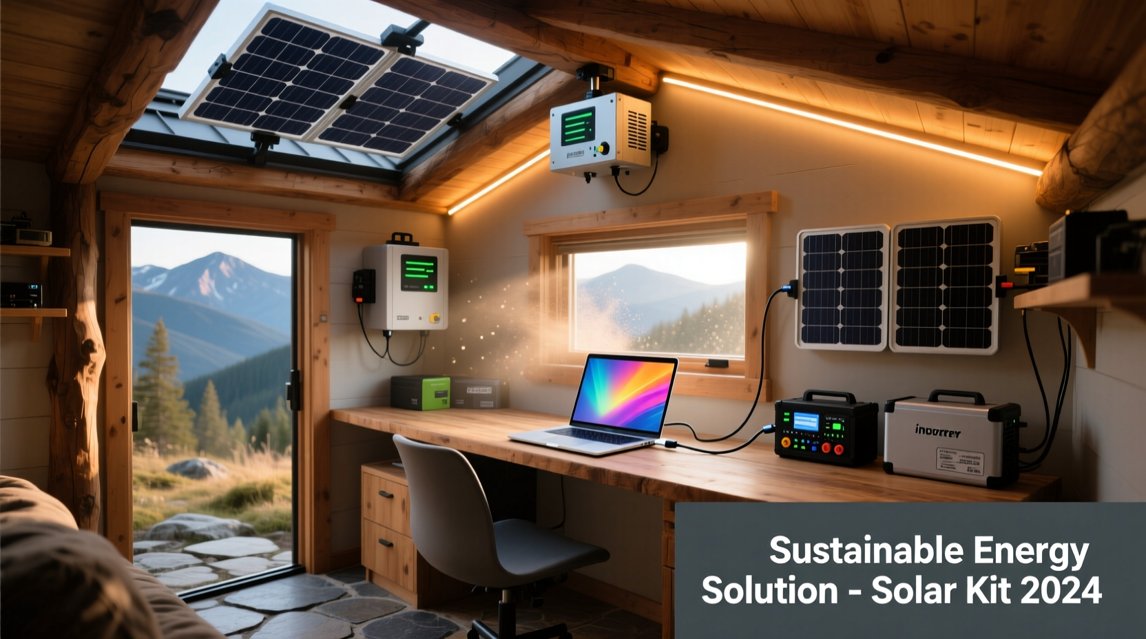 Solar kit powering laptop and LED lights in off-grid cabin