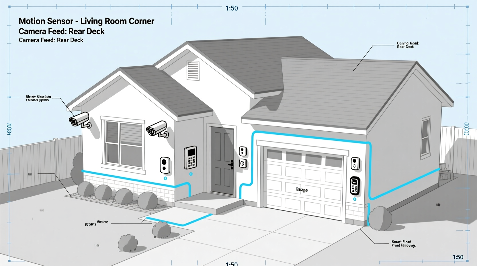 DIY security system component layout on home blueprint