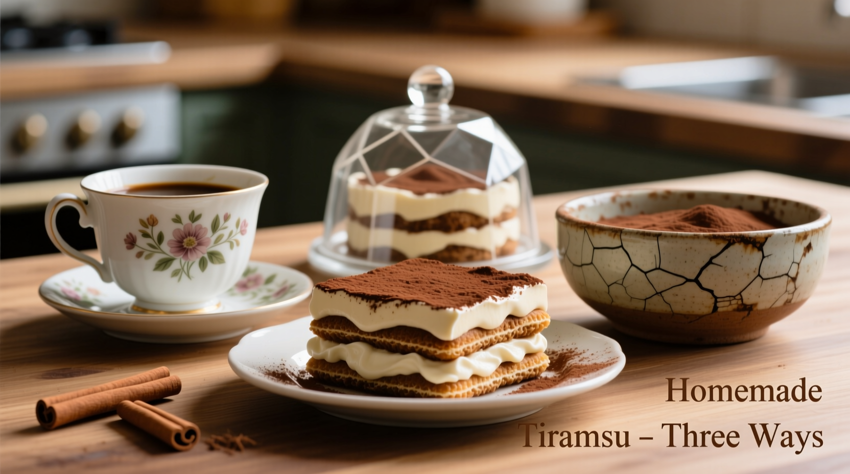 Three variations of homemade tiramisu in serving dishes