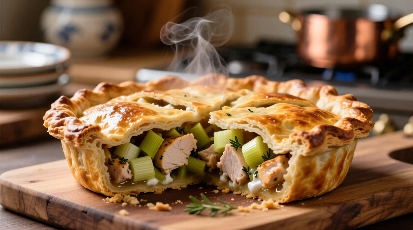 Perfectly baked chicken pie with golden crust and leek filling