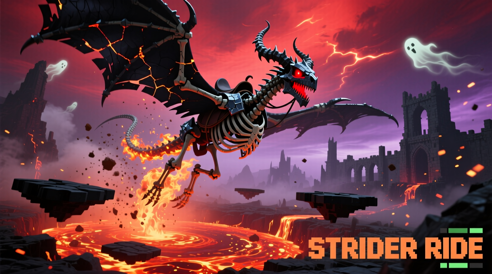 Saddled strider riding across lava pool in Nether