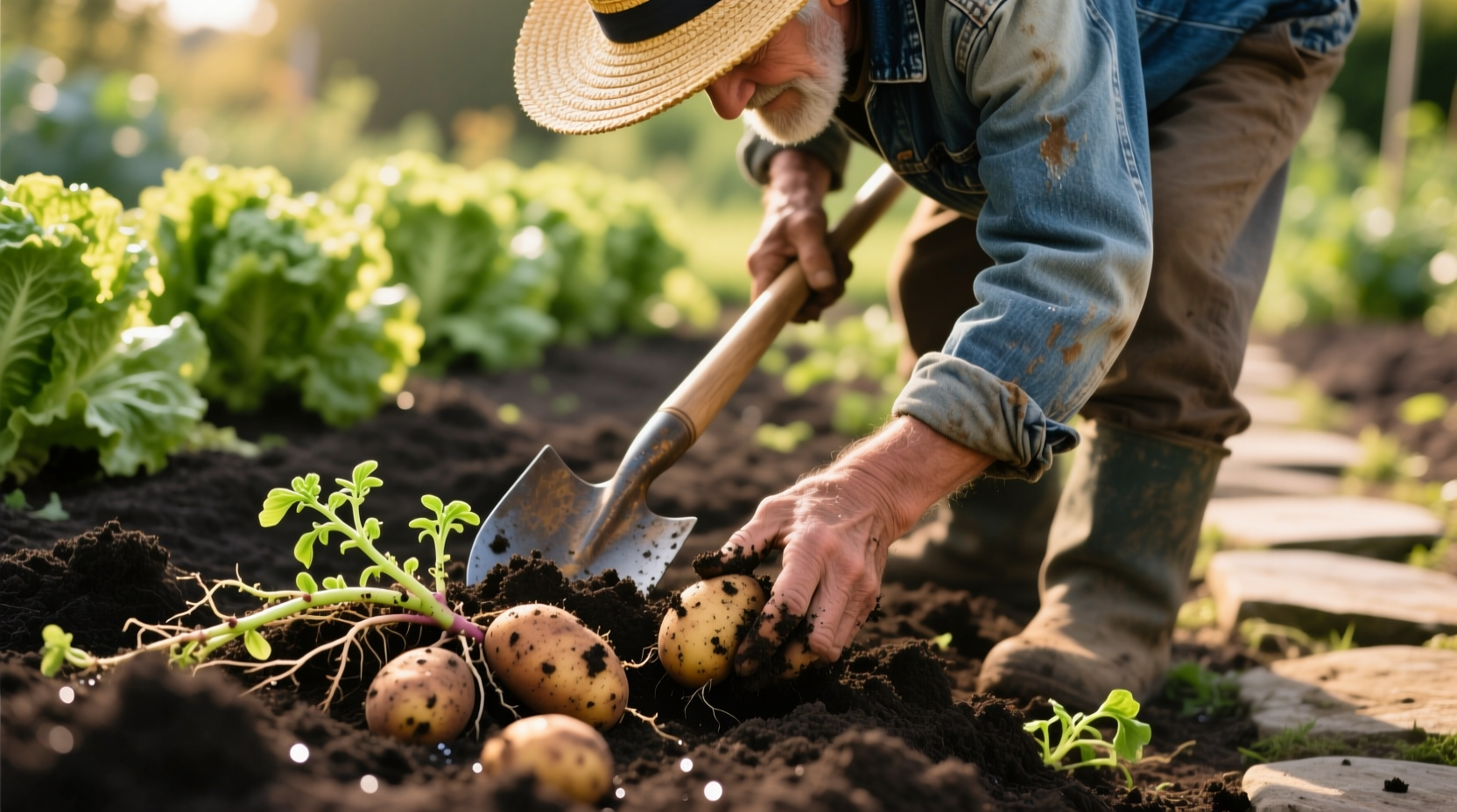 Gardener carefully harvesting mature potatoes from garden soil