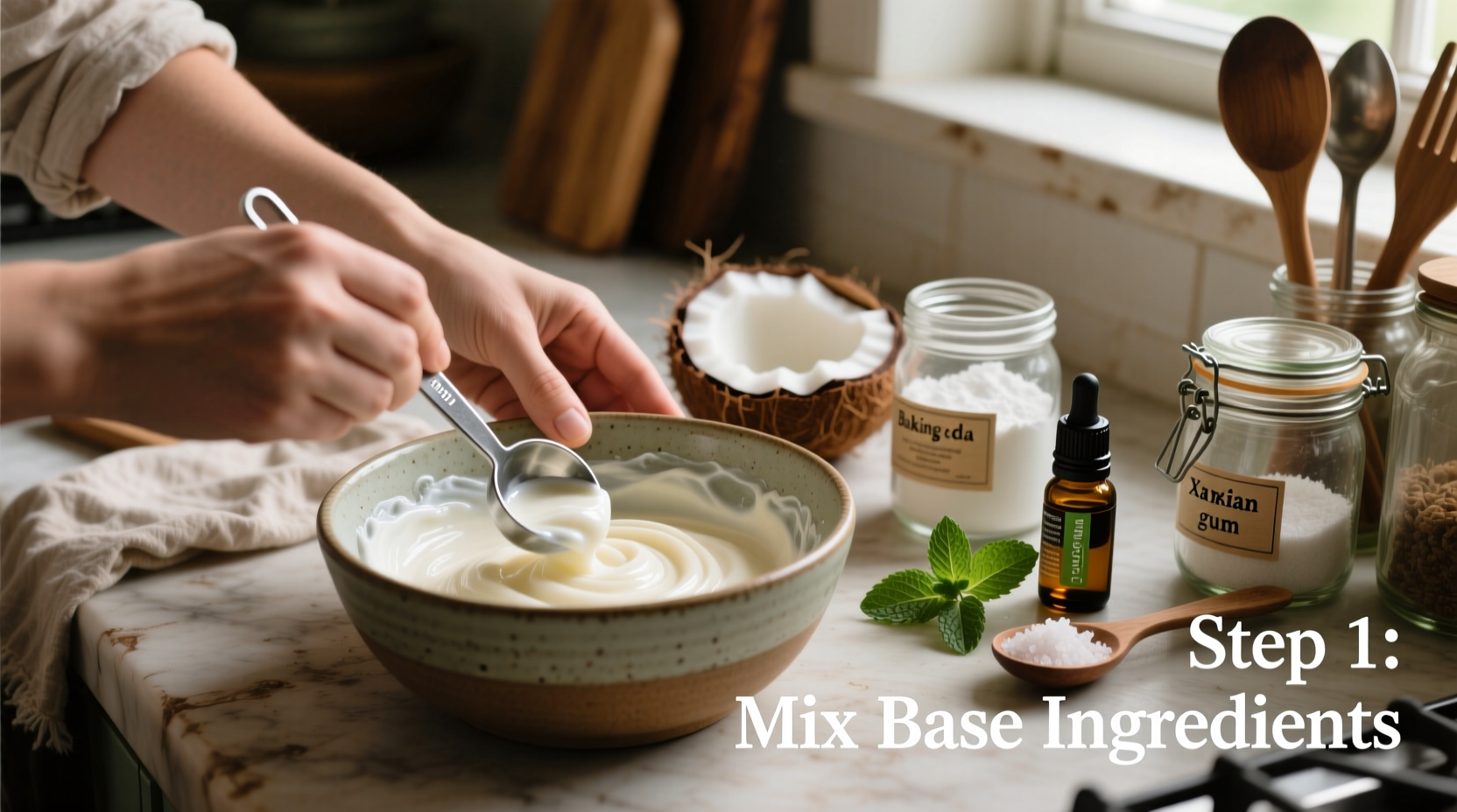 Step-by-step homemade toothpaste mixing process