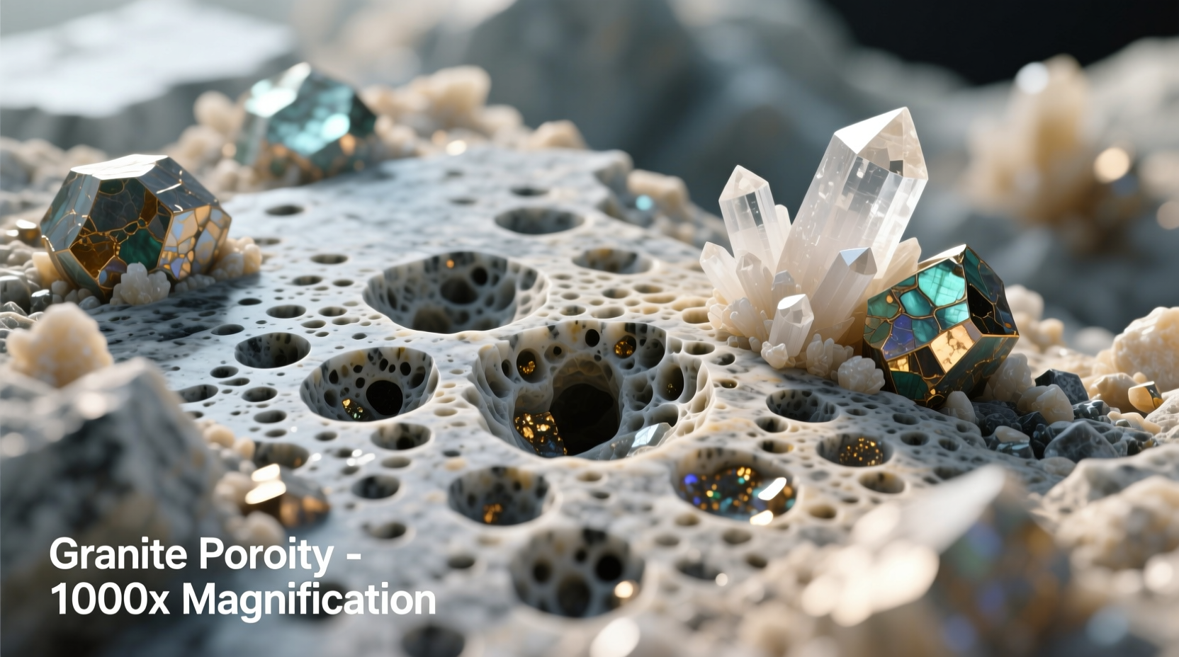 Close-up of granite surface showing porosity under magnification