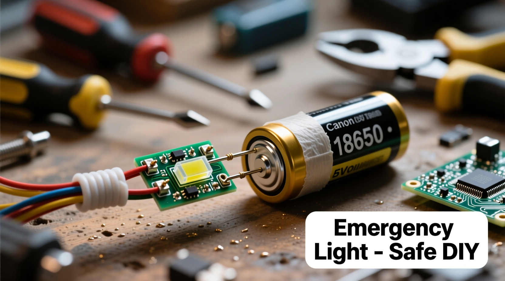 Close-up of LED and battery connection for safe DIY emergency light
