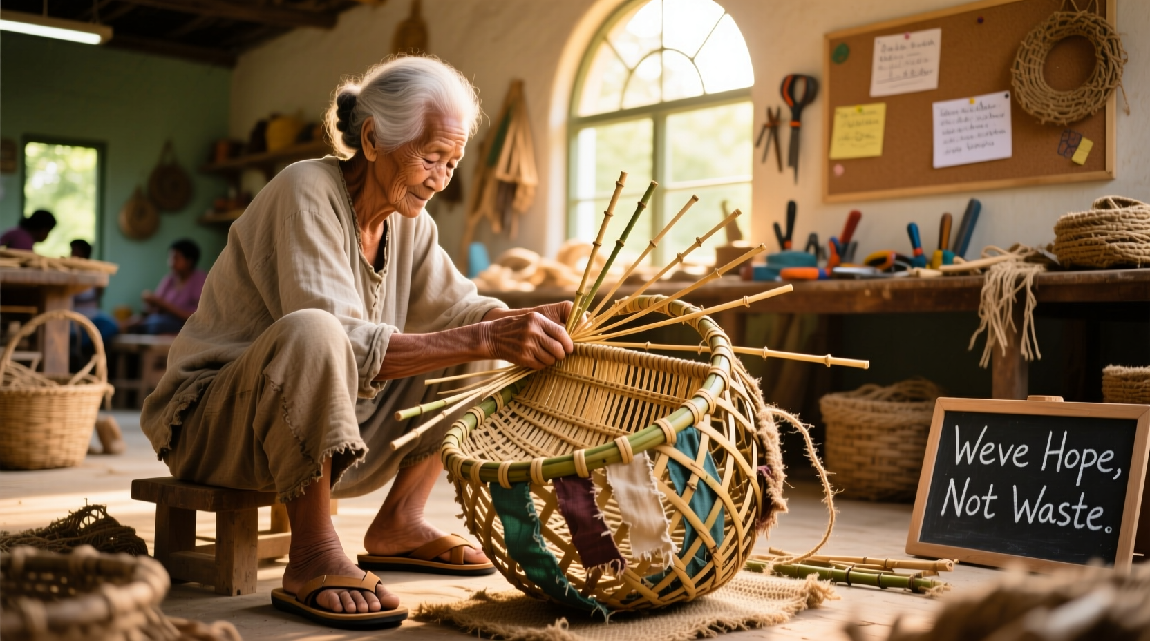 Artisan weaving baskets from reclaimed materials in community workshop