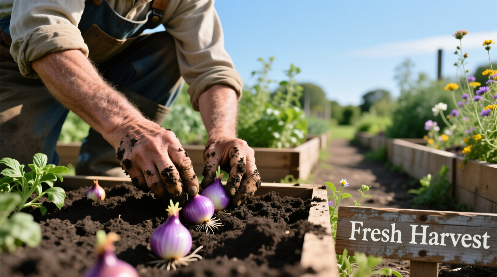 Gardener planting onion bulbs in garden soil
