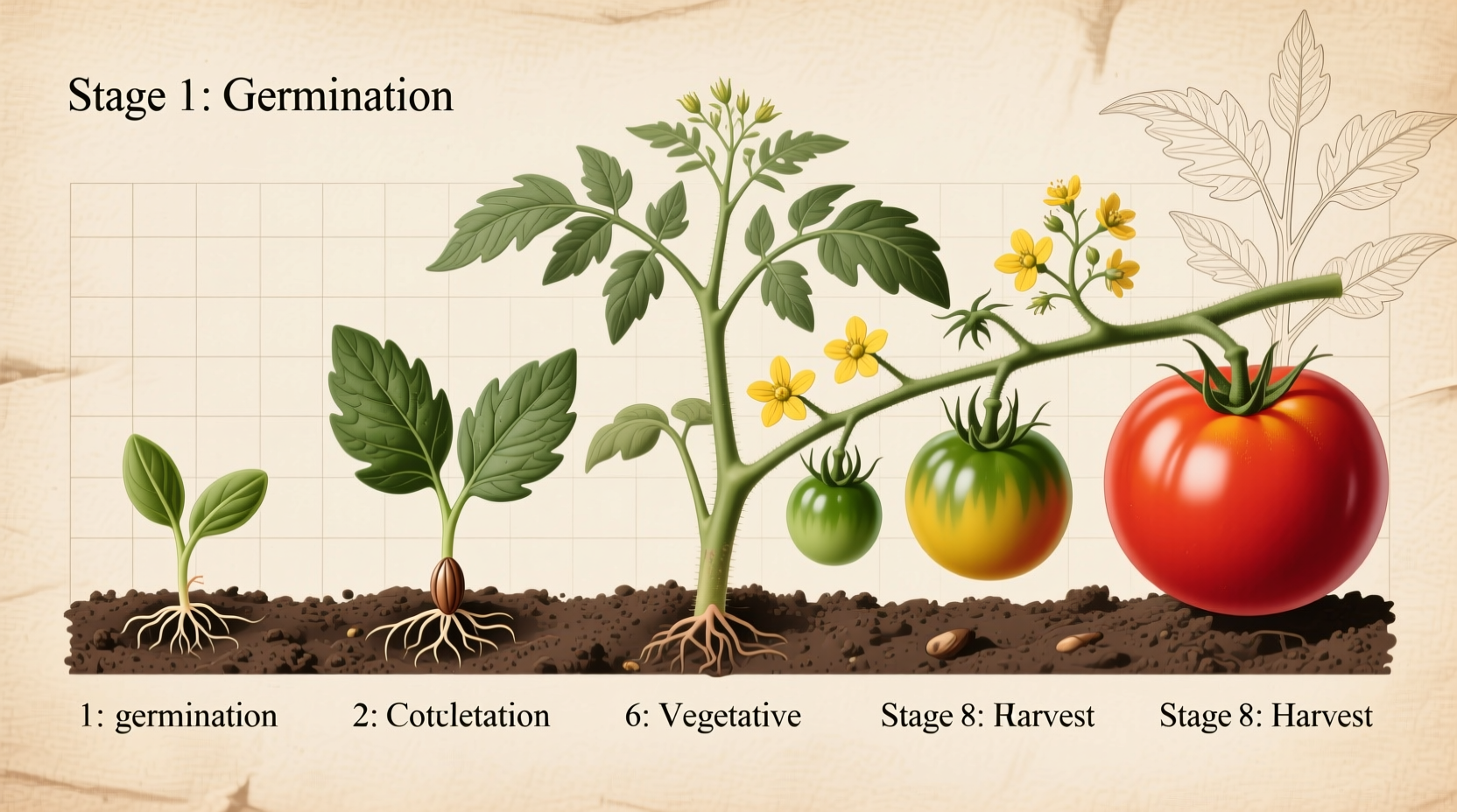Tomato plant growth stages from seed to harvest