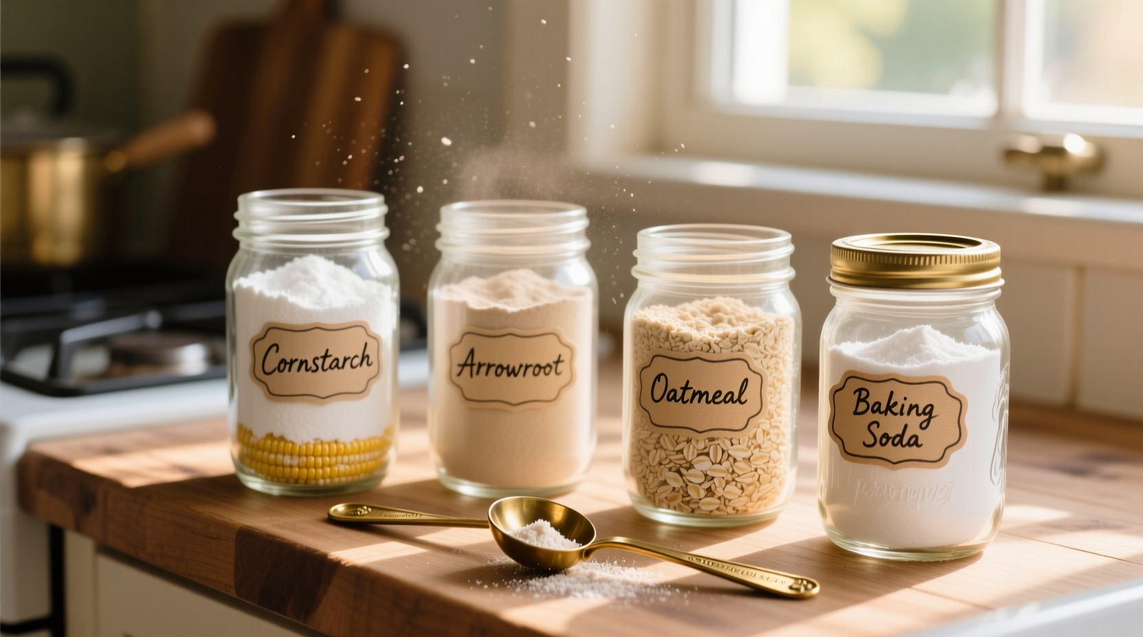 Homemade dry shampoo ingredients in mason jars with measuring spoons