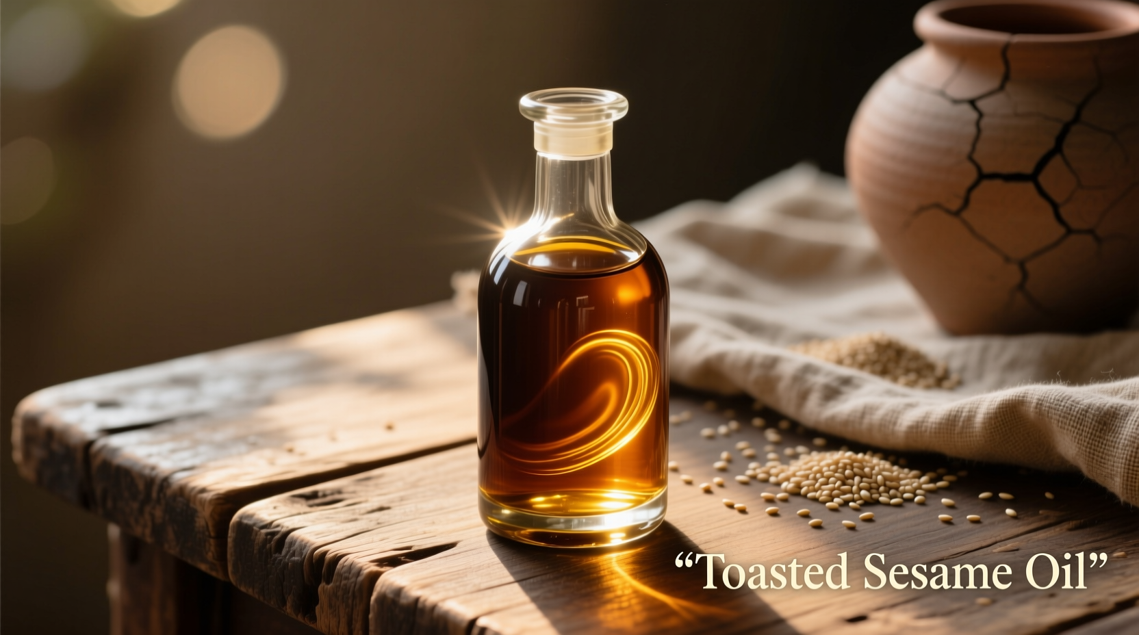 Dark amber toasted sesame oil in glass bottle