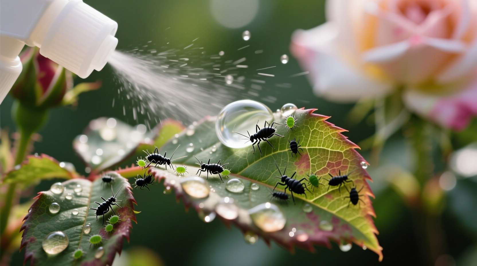 Close-up of soap spray on aphid-infested rose leaves