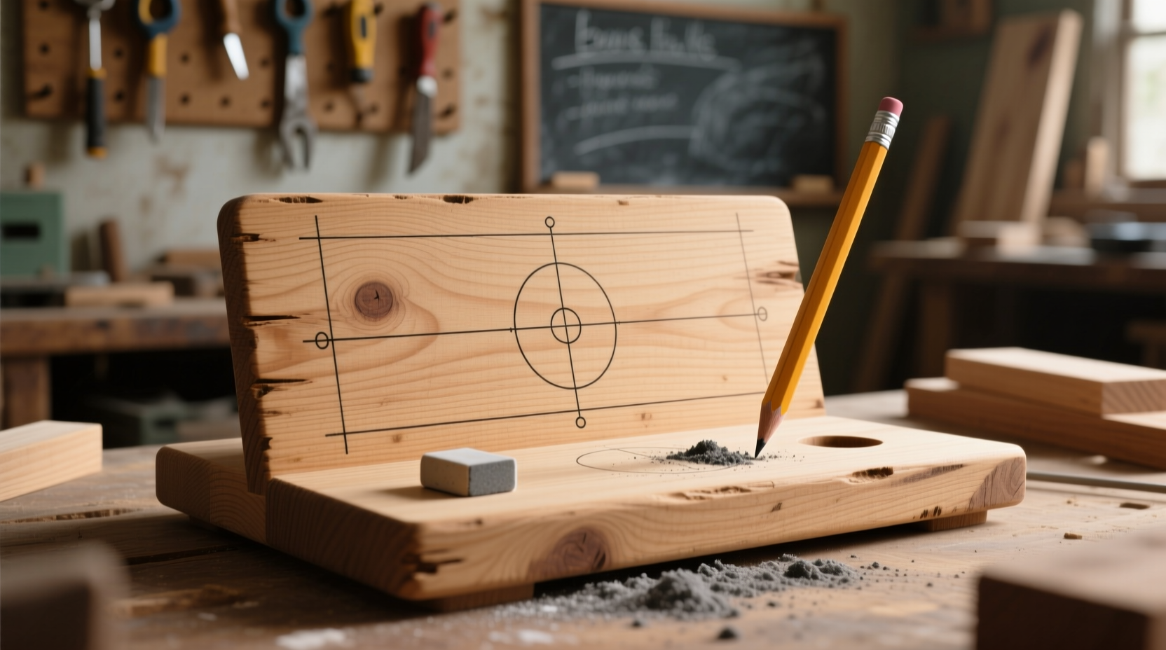 Pencil layout markings on wooden charging station base