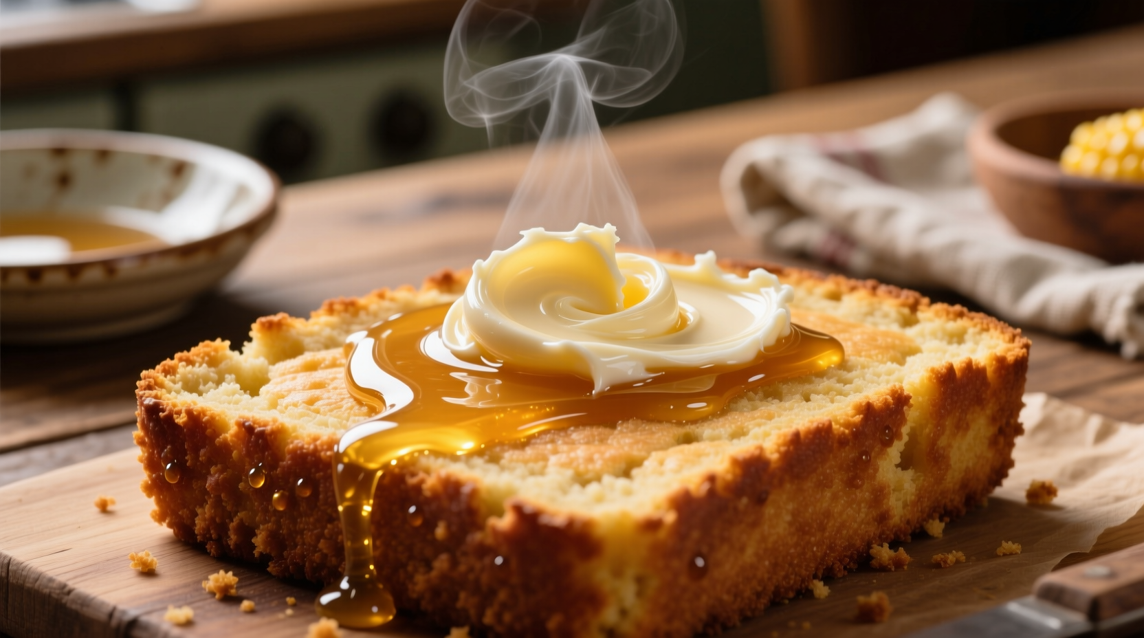Homemade honey butter swirling on warm cornbread