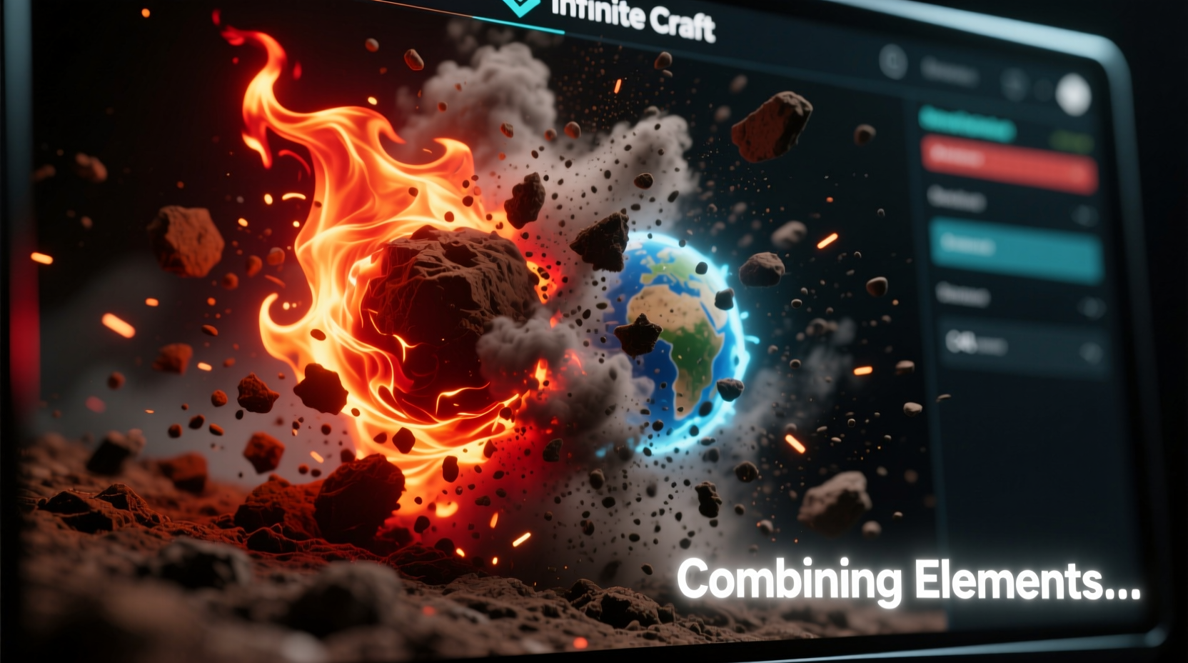 Infinite Craft screen showing fire and earth combining into ash