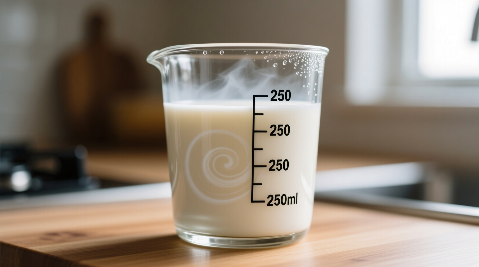 Measuring reduced milk in clear glass measuring cup