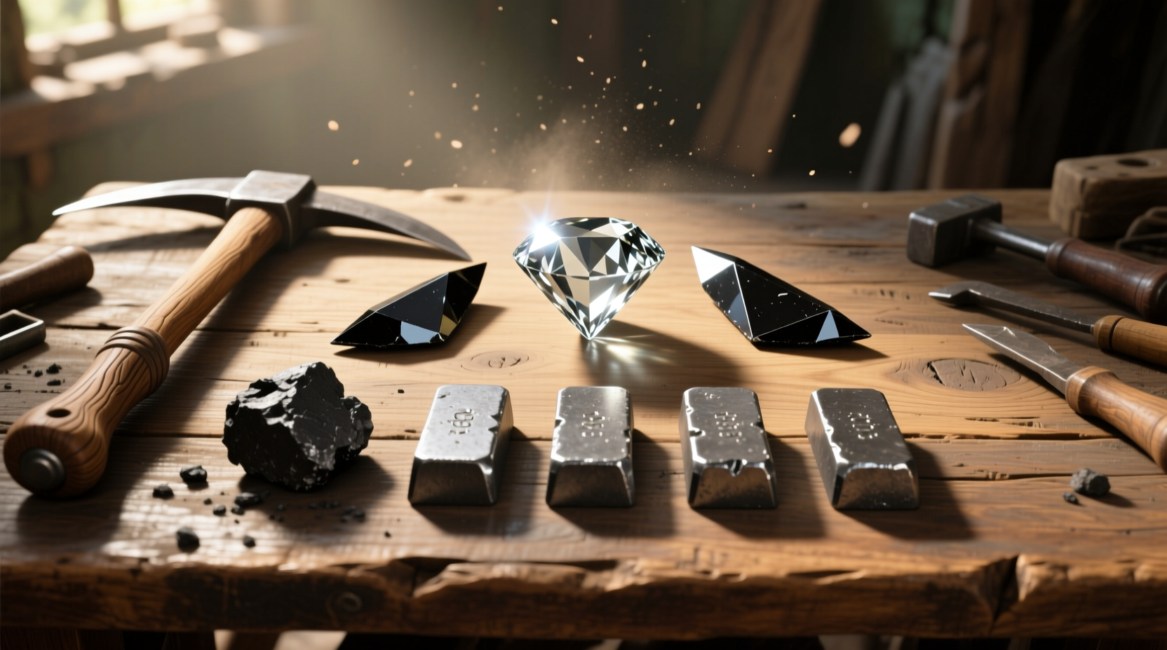 Crafting table with diamond pickaxe ingredients arranged