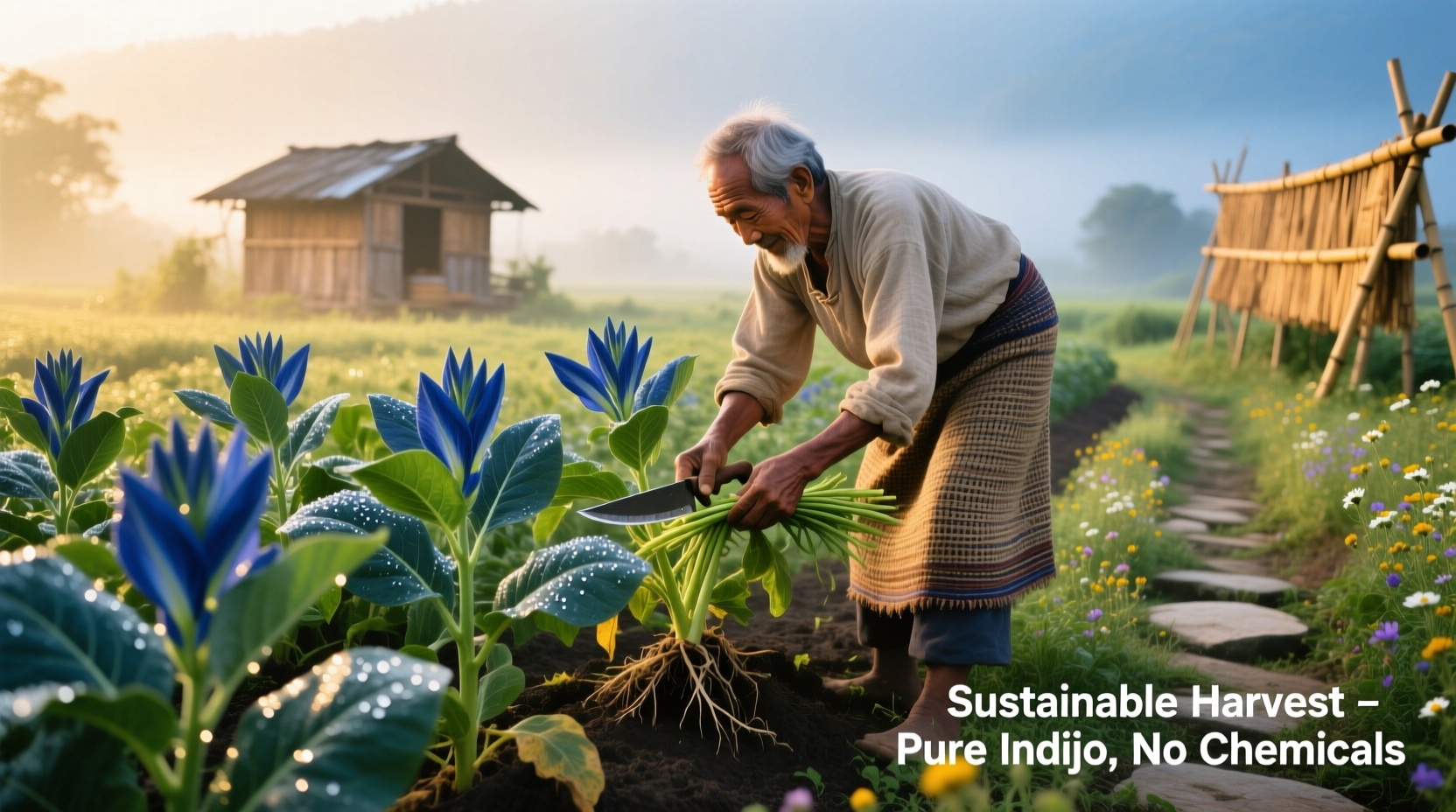 Craft farmer harvesting indigo plants in organic field
