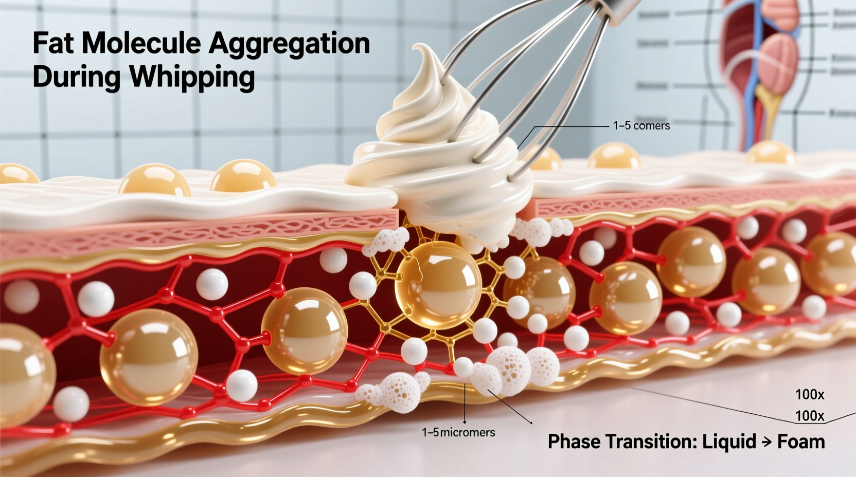 Whipping cream science diagram showing fat molecules