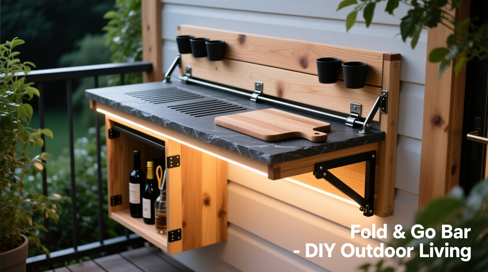 Space-saving DIY outdoor bar with fold-down design