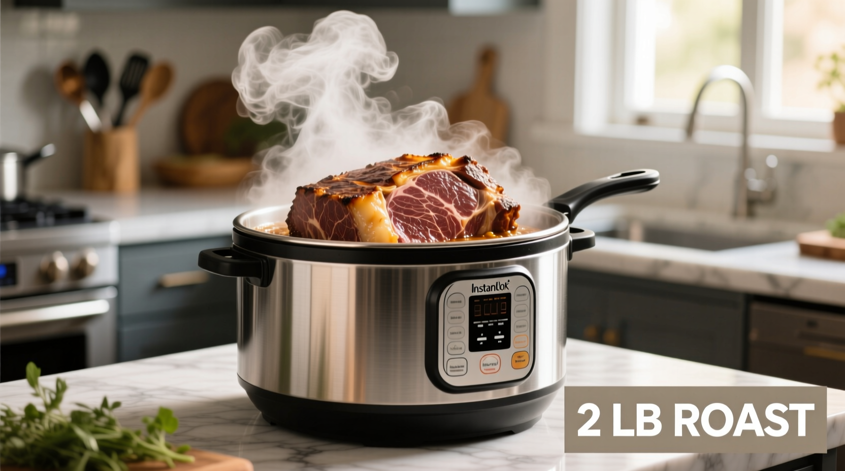 2 lb beef roast cooking in Instant Pot