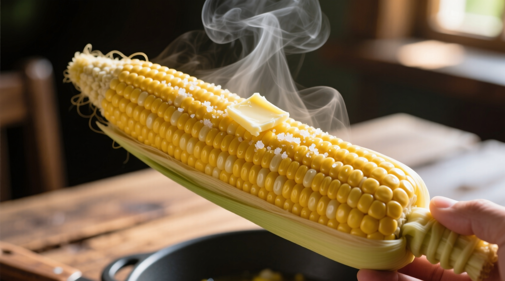 Perfectly cooked corn on cob with steam rising