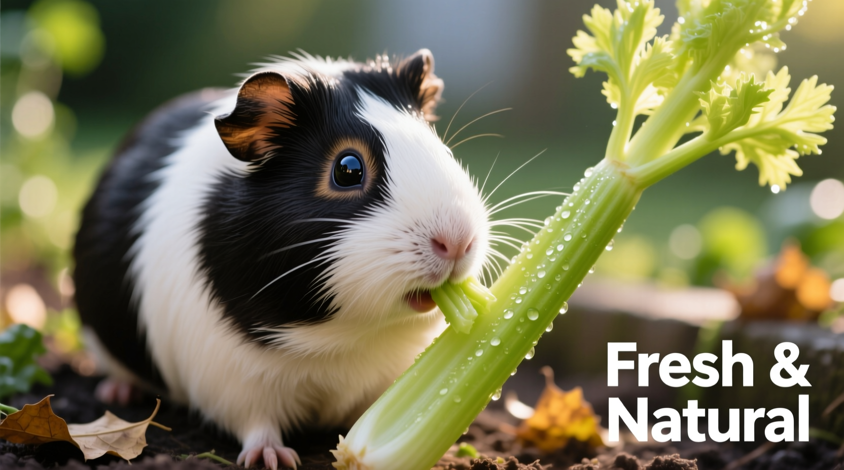 Guinea pig nibbling on fresh celery stalk