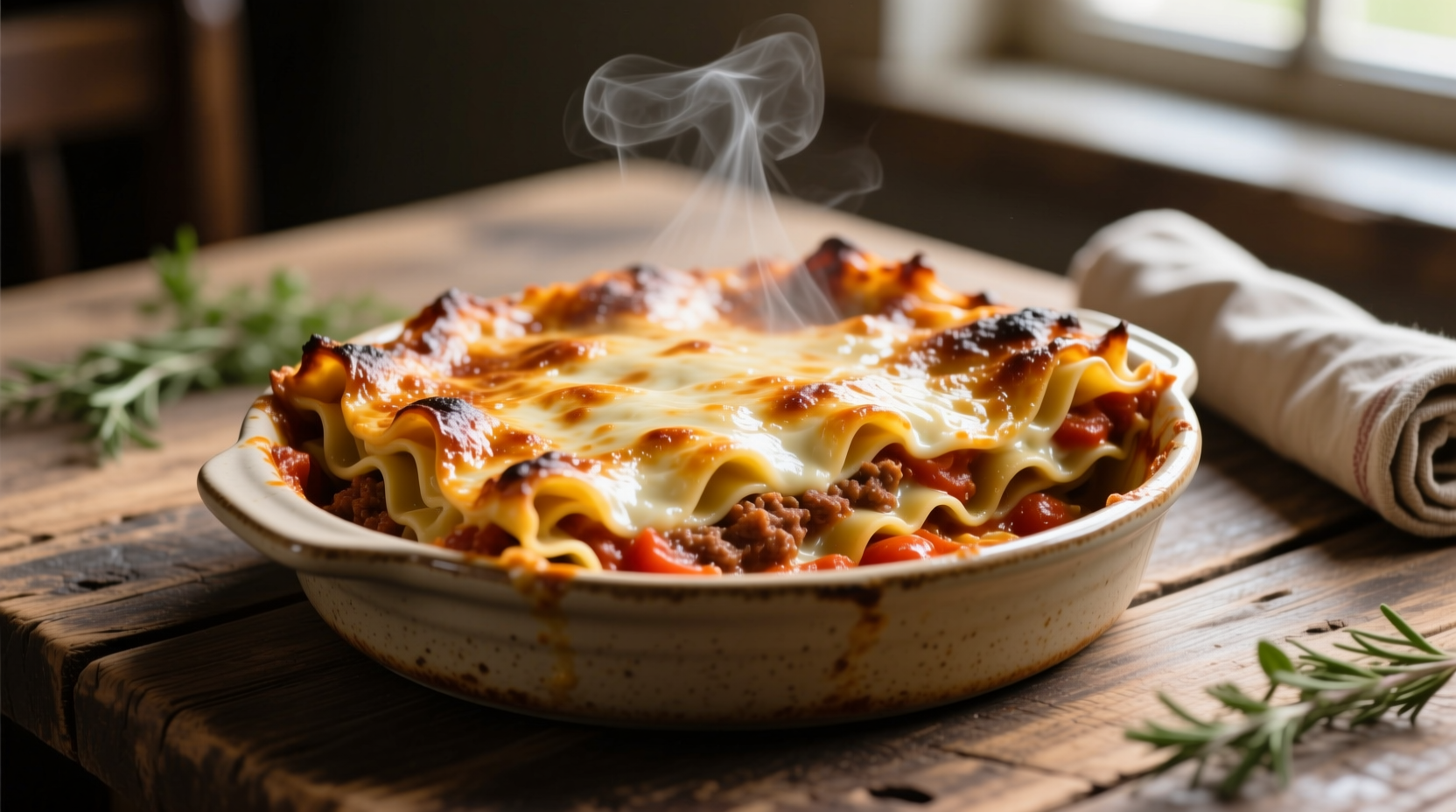 Perfectly cooked lasagna with bubbling edges and golden top