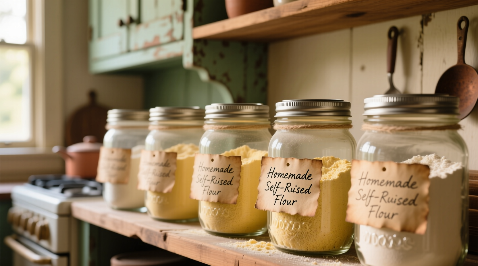 Mason jars with homemade self rising flour labels