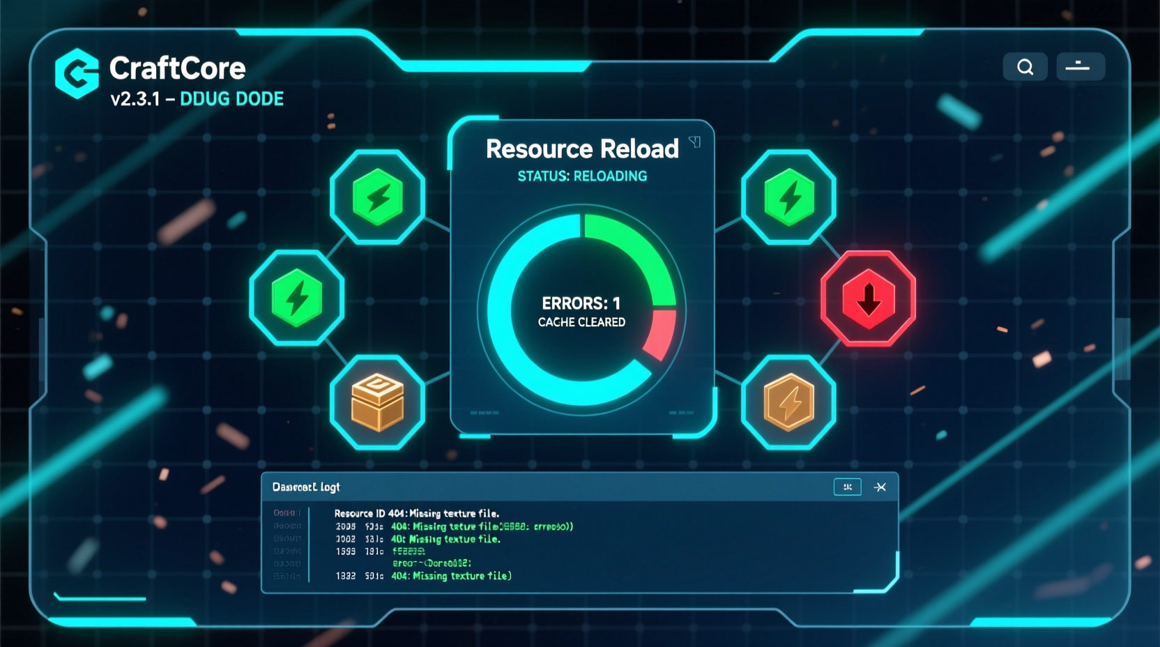 CraftCore mod troubleshooting interface showing resource reload