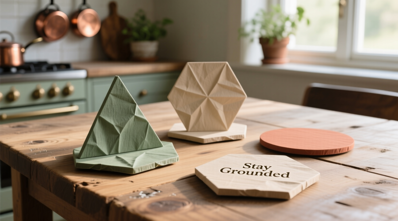 Set of geometric paper coasters on wooden table