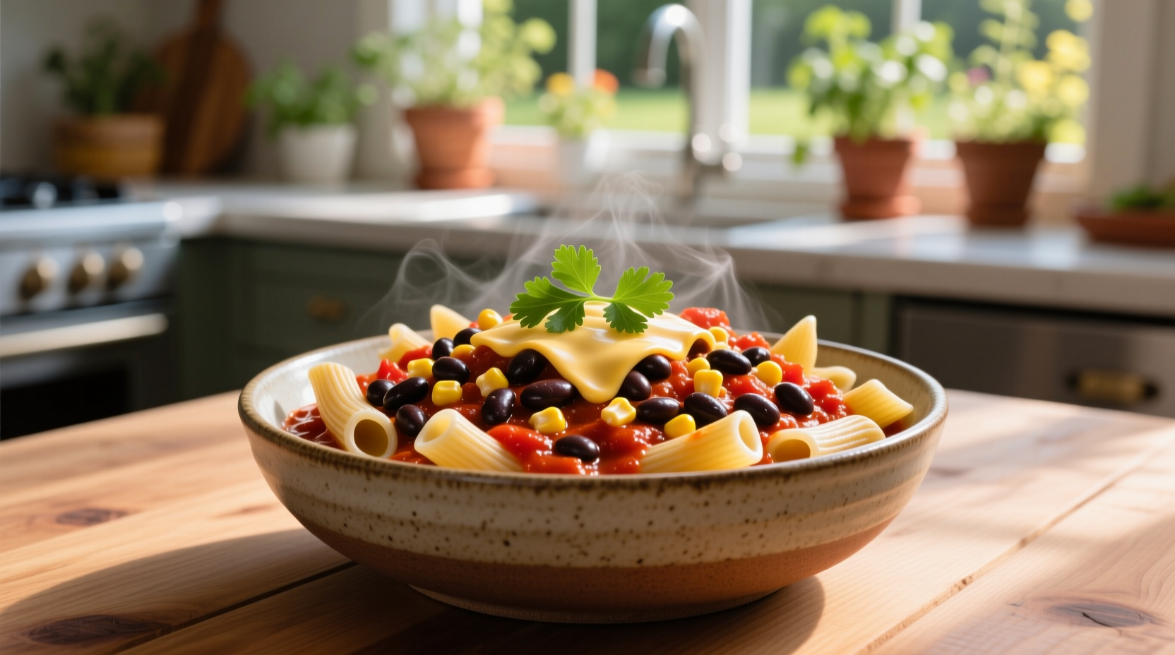 Vegetarian chili mac with black beans and corn