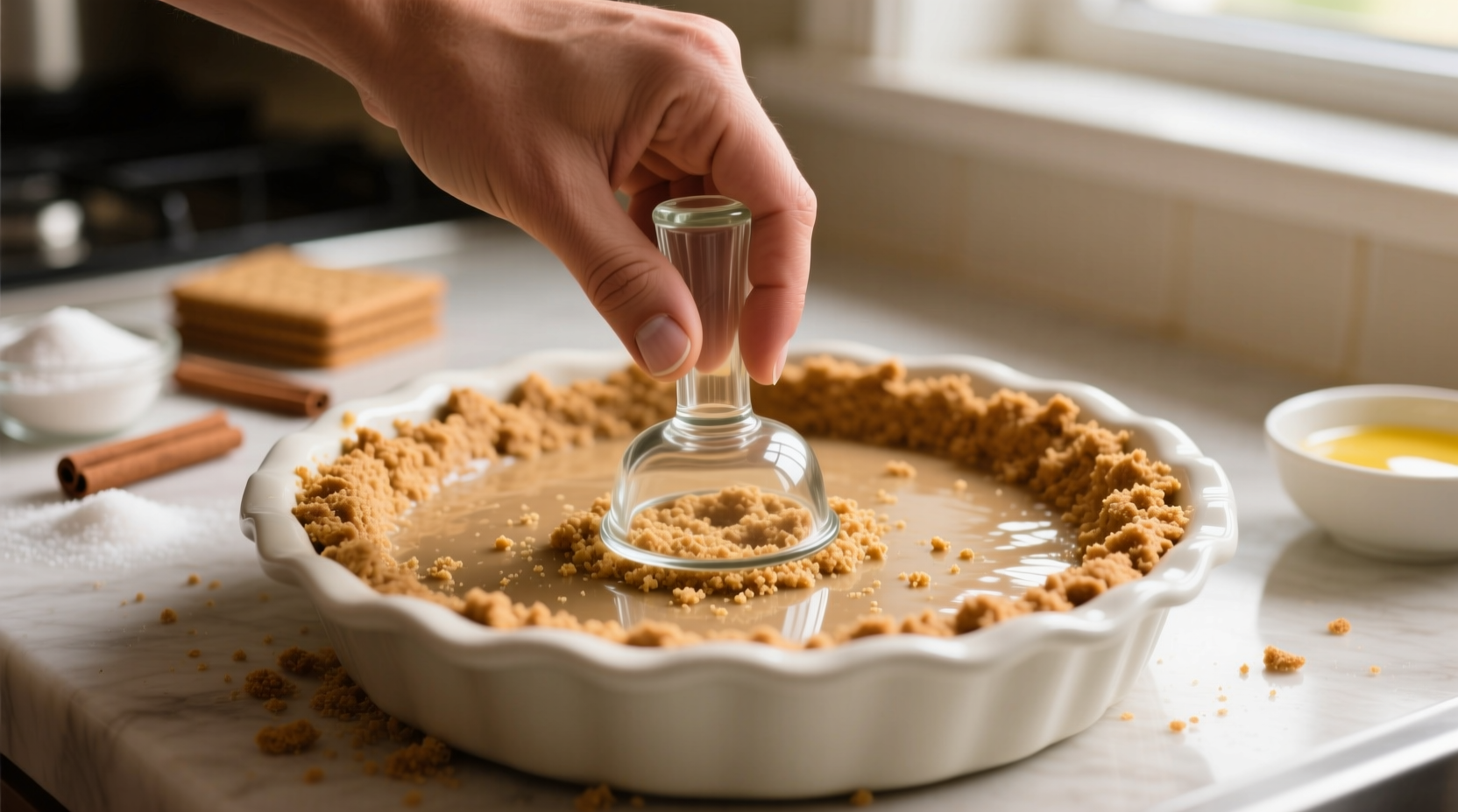 Hand pressing graham cracker mixture into pie pan with glass
