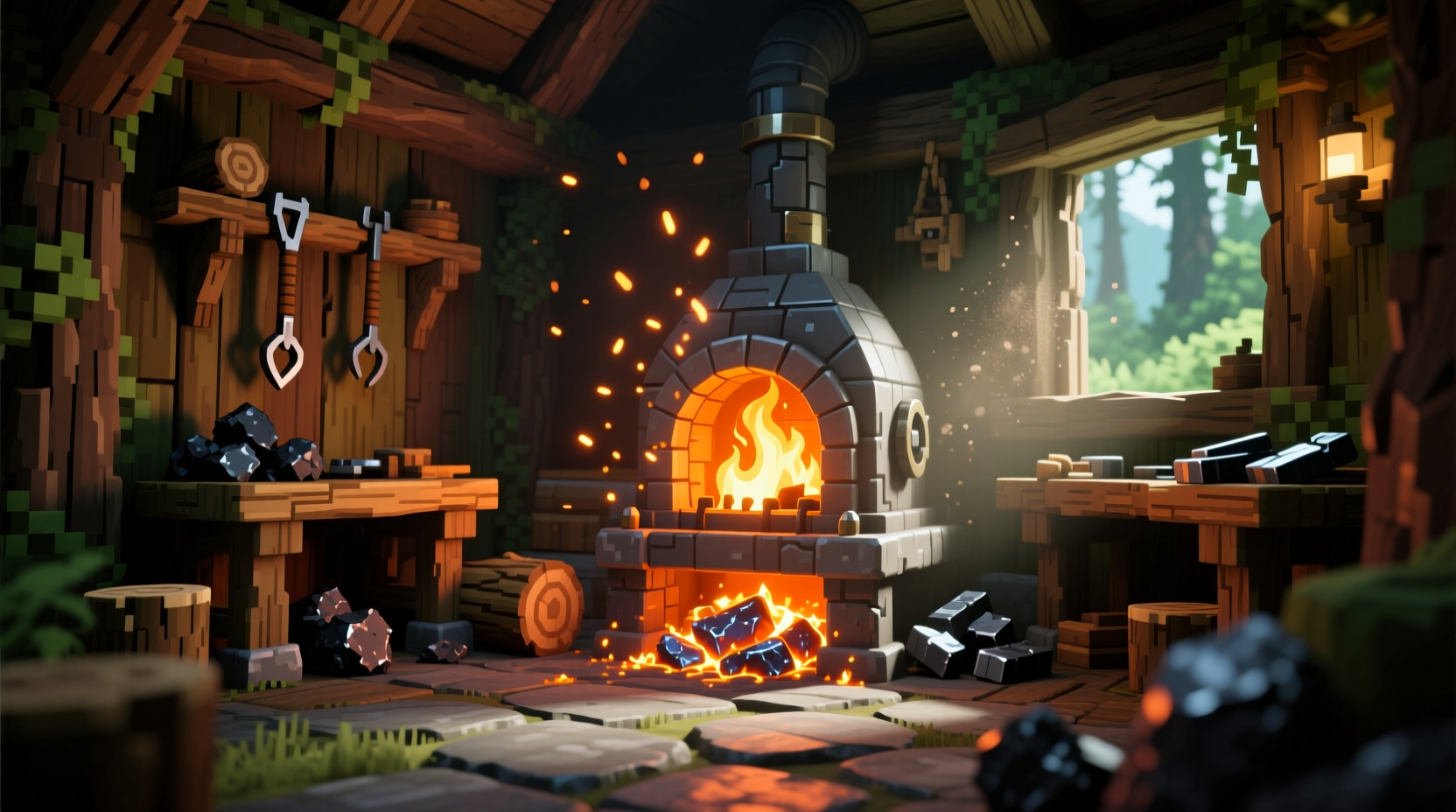 Terraria furnace placed in player's base with smelting animation