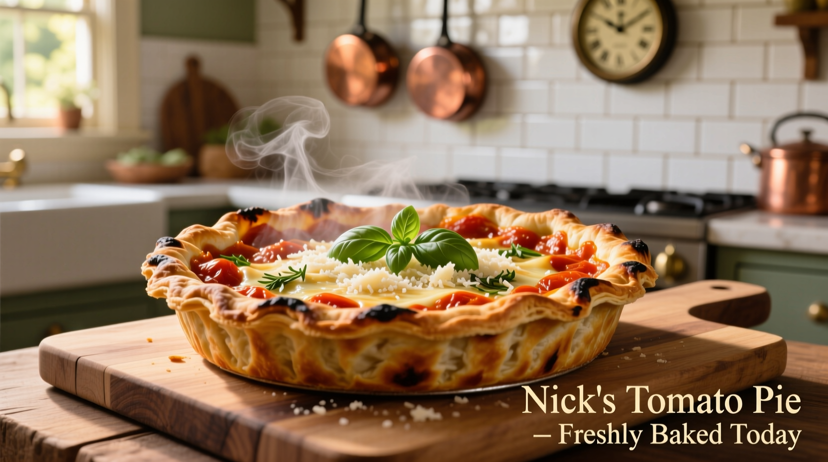 Nick's Tomato Pie freshly baked with crispy crust