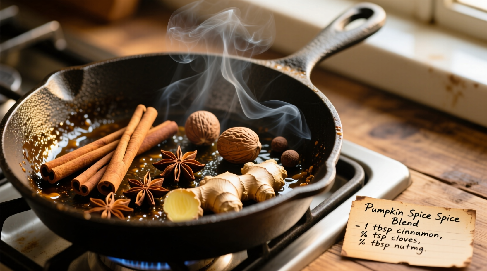 Toasting whole spices in skillet for homemade pumpkin spice