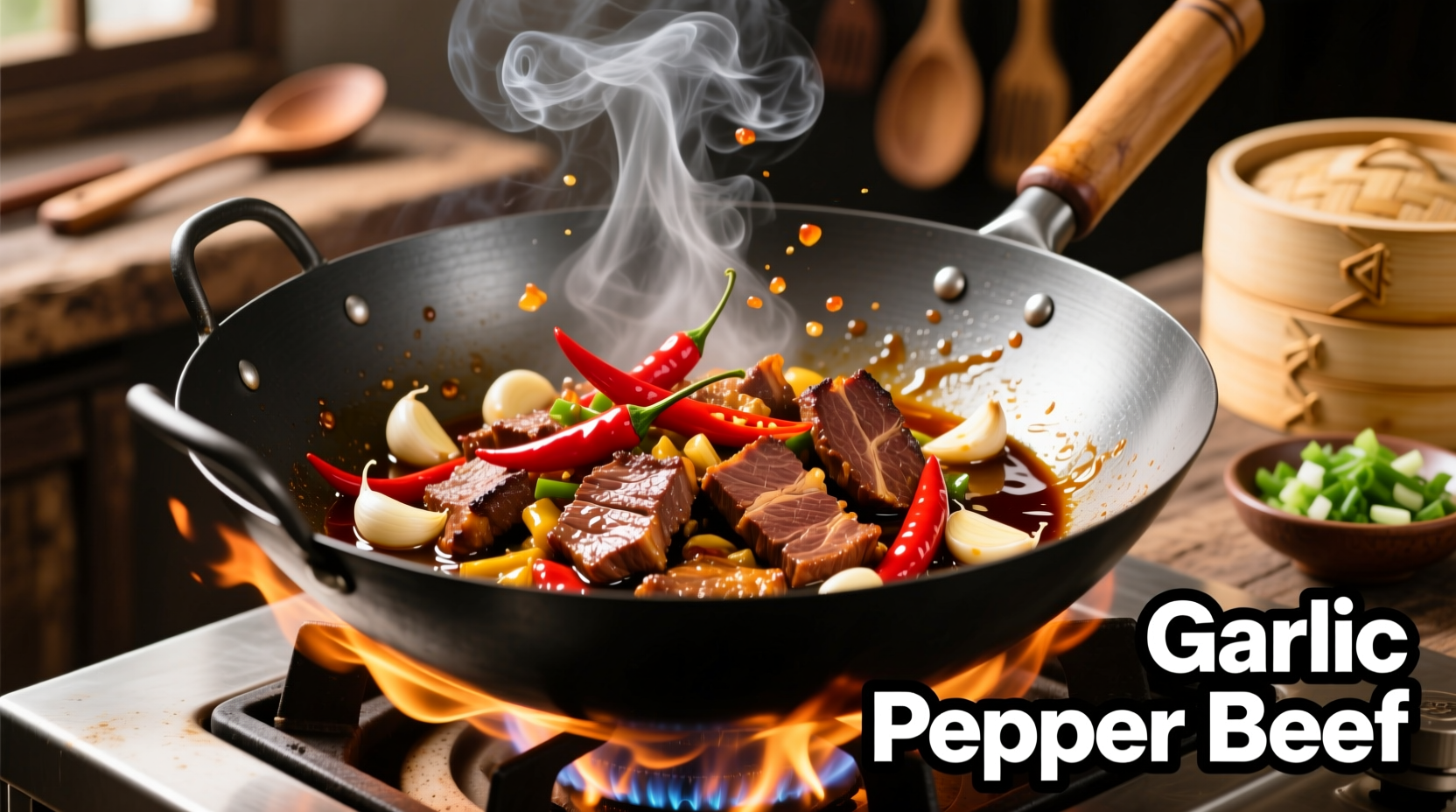 Sizzling garlic pepper beef in wok