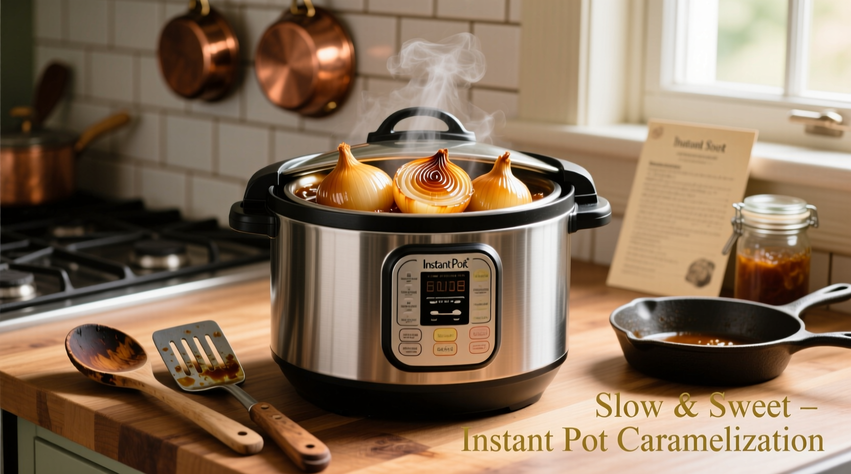 Golden caramelized onions in Instant Pot with cooking utensils
