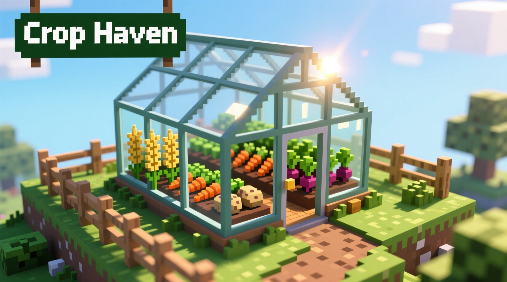Minecraft glass pane greenhouse with crops inside