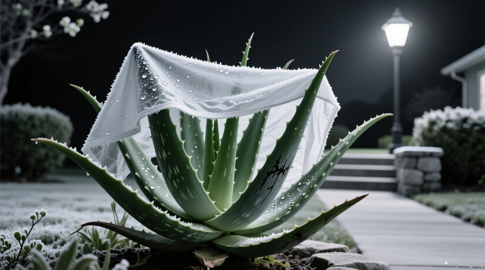 Frost cloth covering outdoor aloe vera during 47°F night in early spring showing temporary protection above critical damage threshold