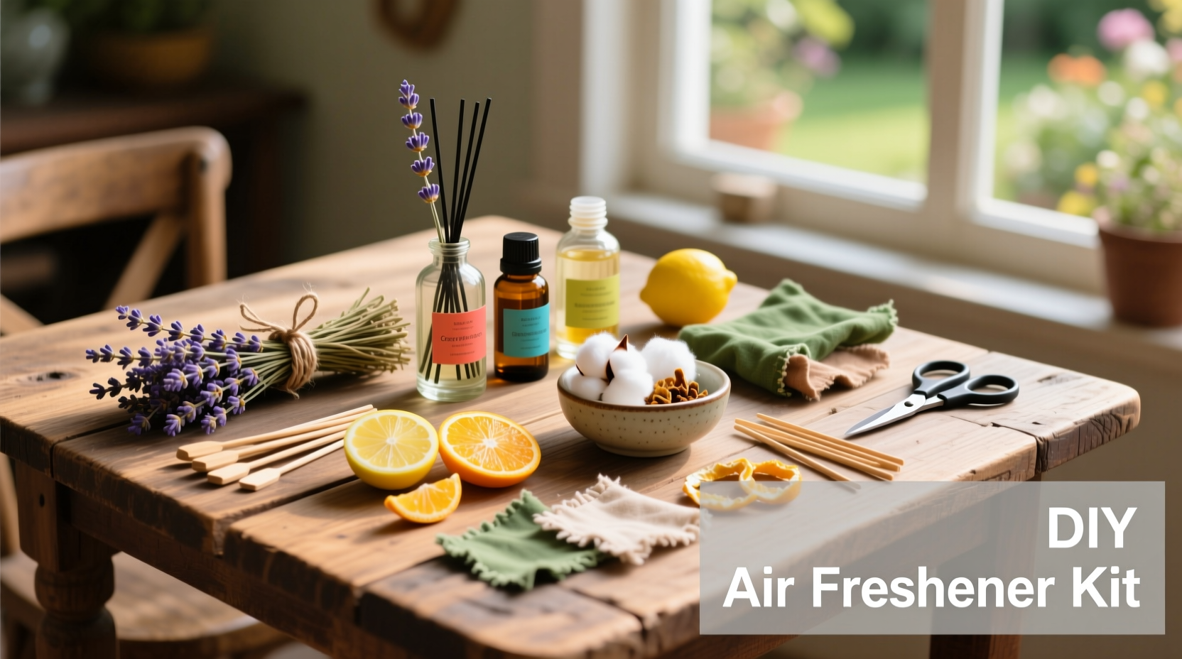 DIY car air freshener materials on wooden table