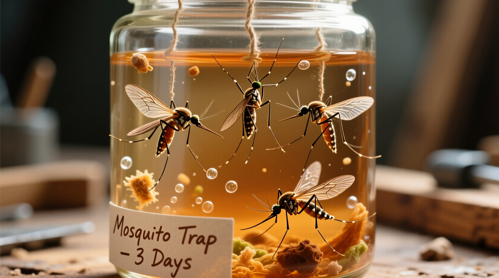 Mosquitoes trapped in homemade bottle solution