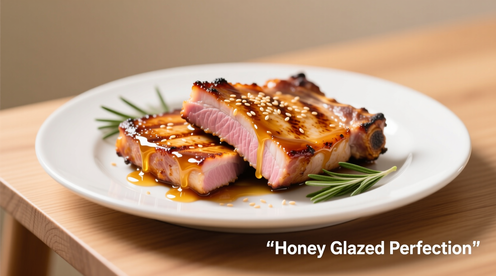 Golden honey glazed pork chops on white plate