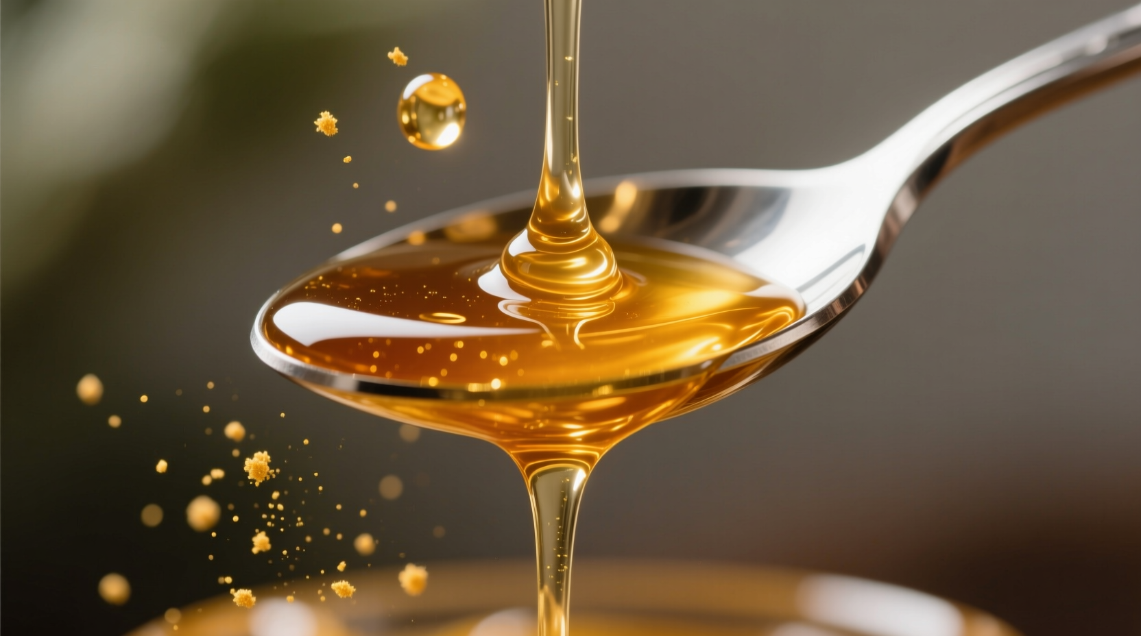 Close-up of golden sage honey dripping from spoon