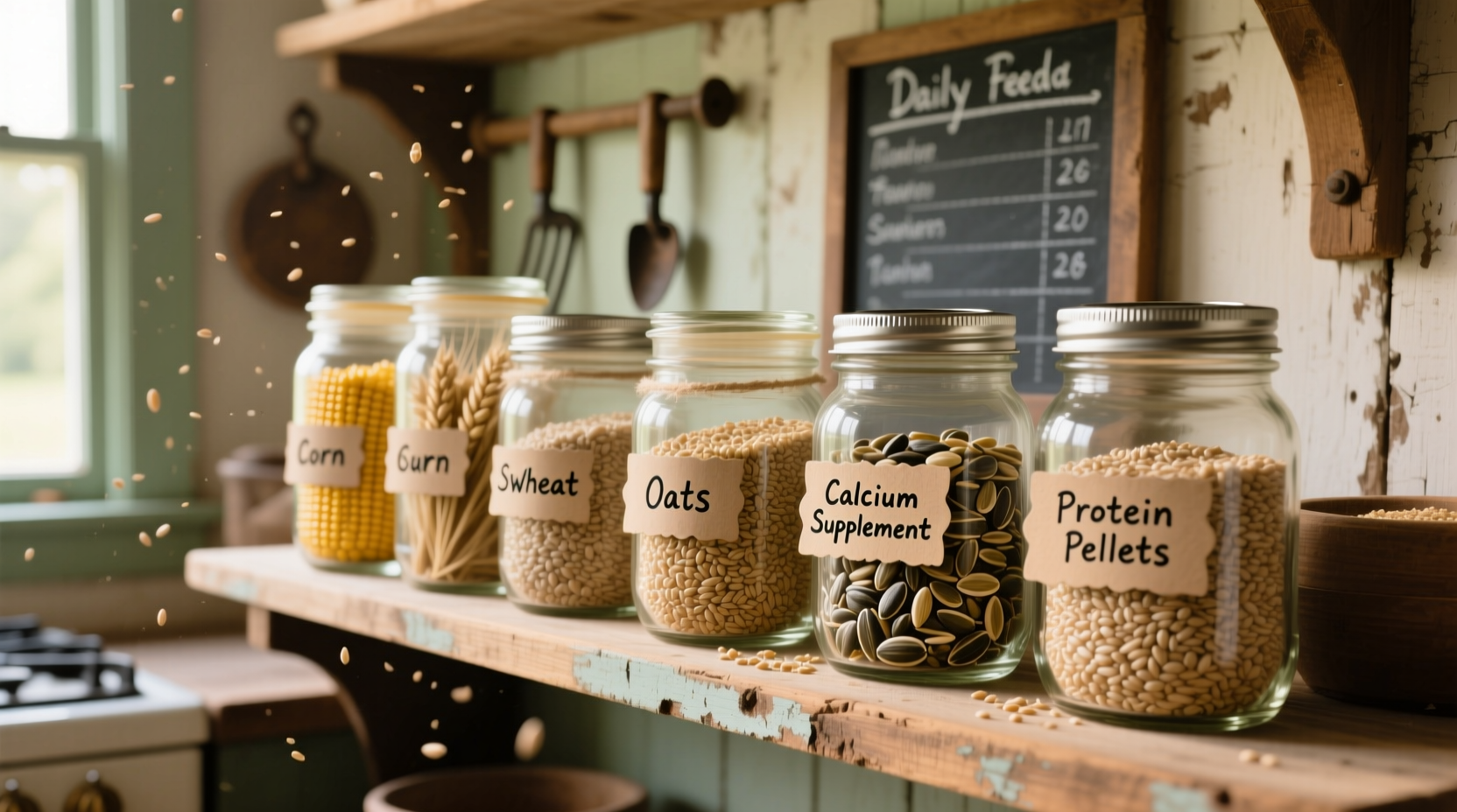 Homemade chicken feed ingredients in mason jars