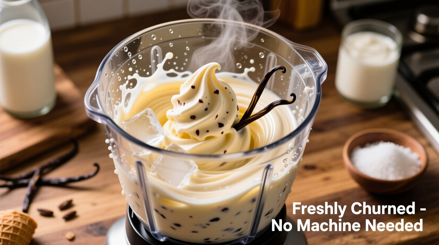 Homemade ice cream churning process in blender