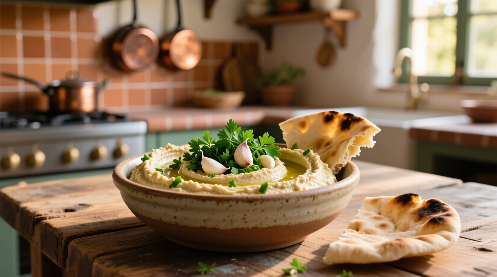 Creamy garlic parsley hummus in bowl with pita