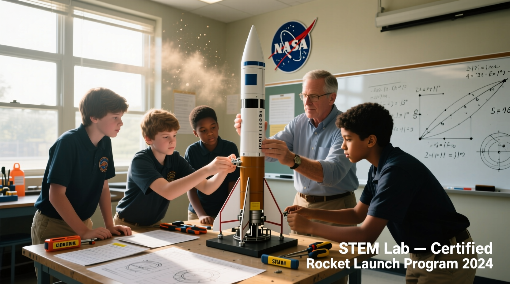 Students working on certified model rocket under instructor supervision